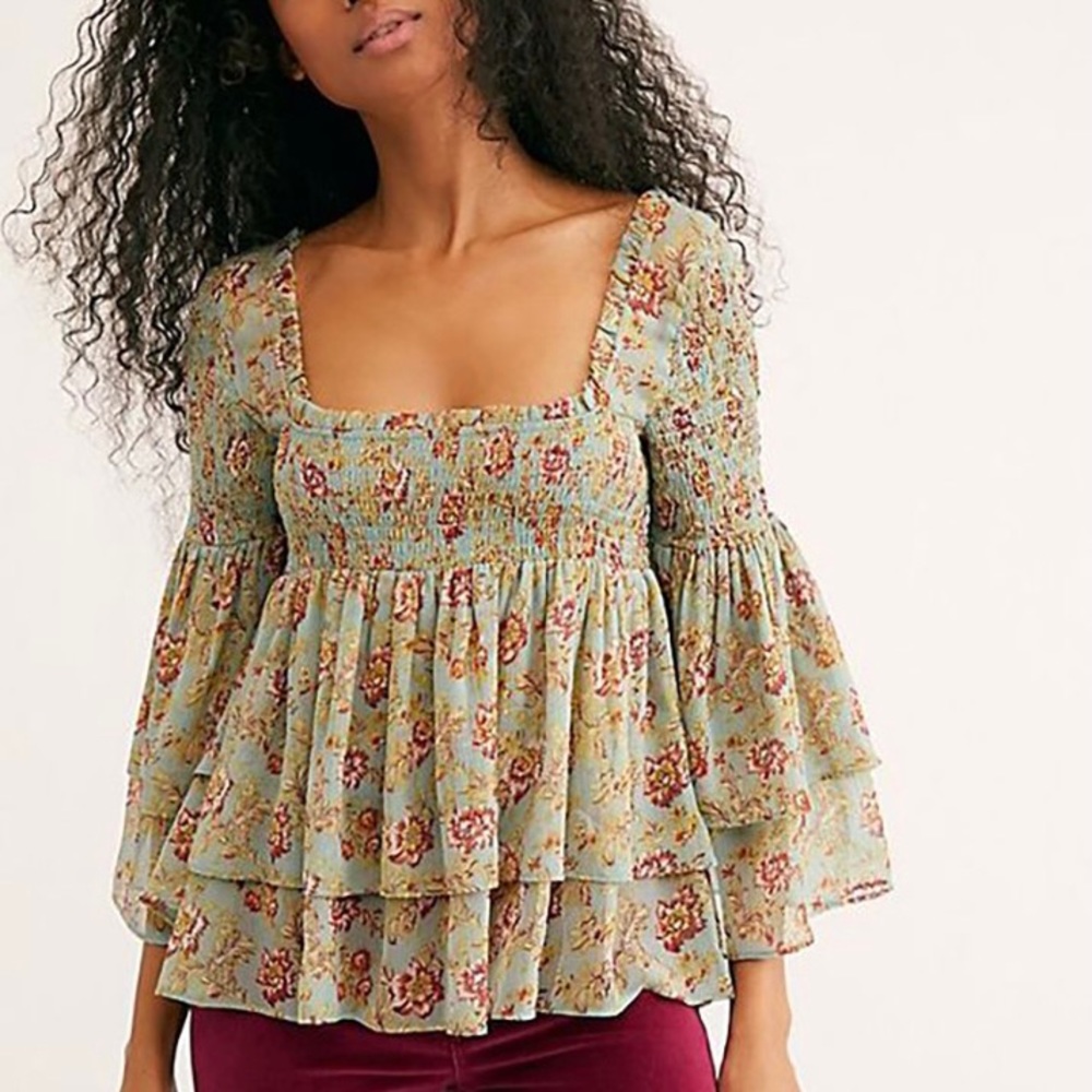 Free People Floral Tiered Blouse in Blue and Brown